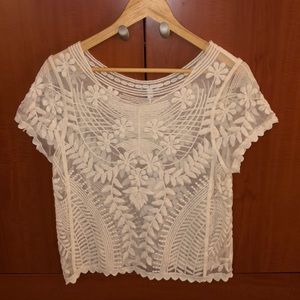 Ivory short sleeve pattern see thru blouse